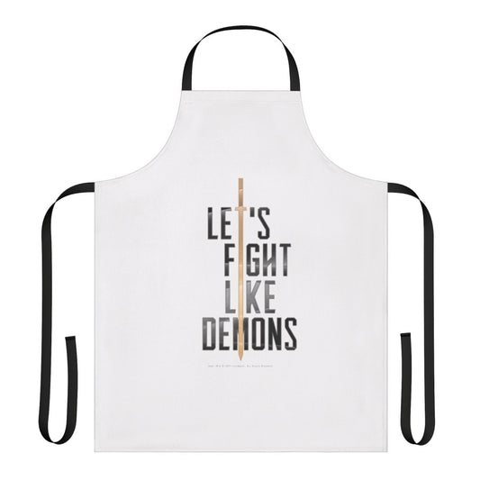Dune-themed dark apron featuring the "Let's Fight Like Demons" design
