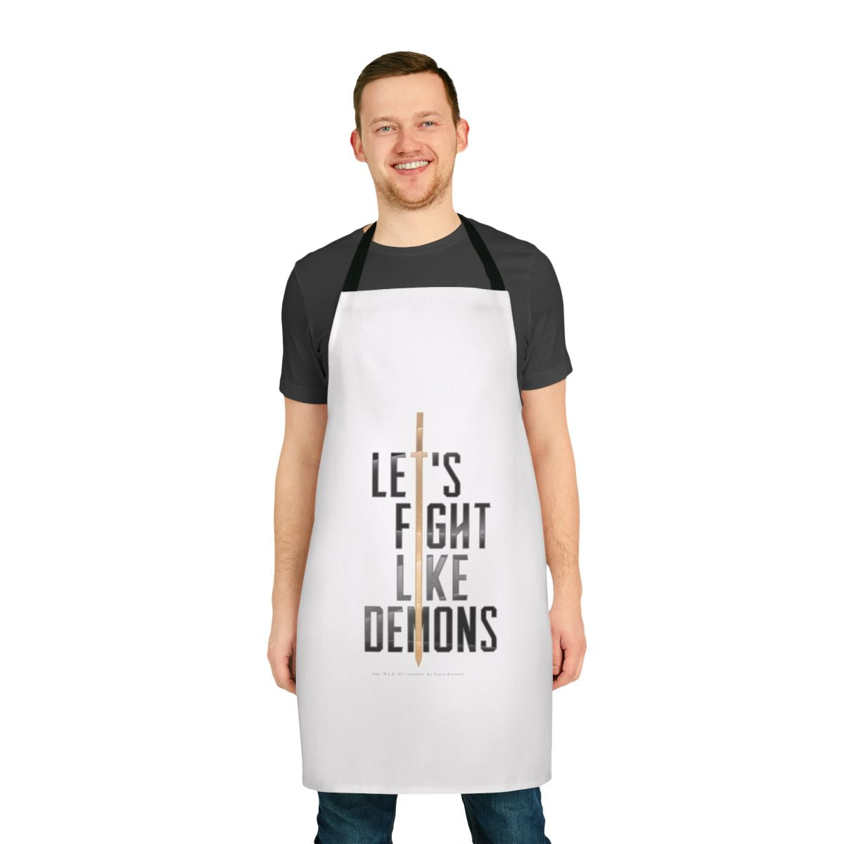 Dune-themed dark apron featuring the "Let's Fight Like Demons" design