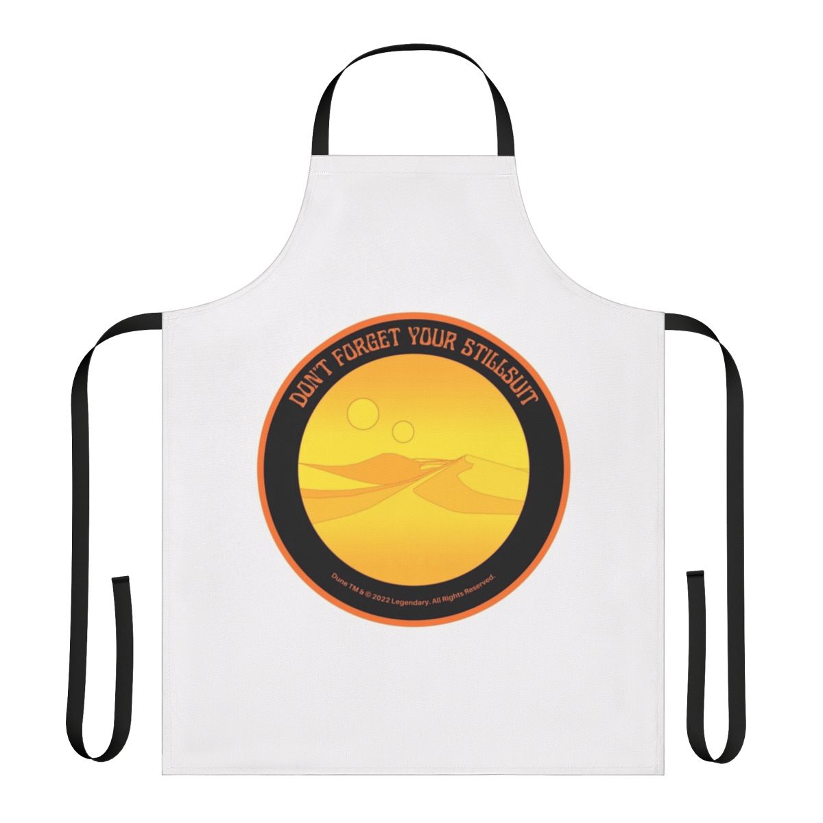 A stylized apron featuring a Dune-inspired Arrakis stillsuit design, perfect for sci-fi fans and desert-themed kitchens.