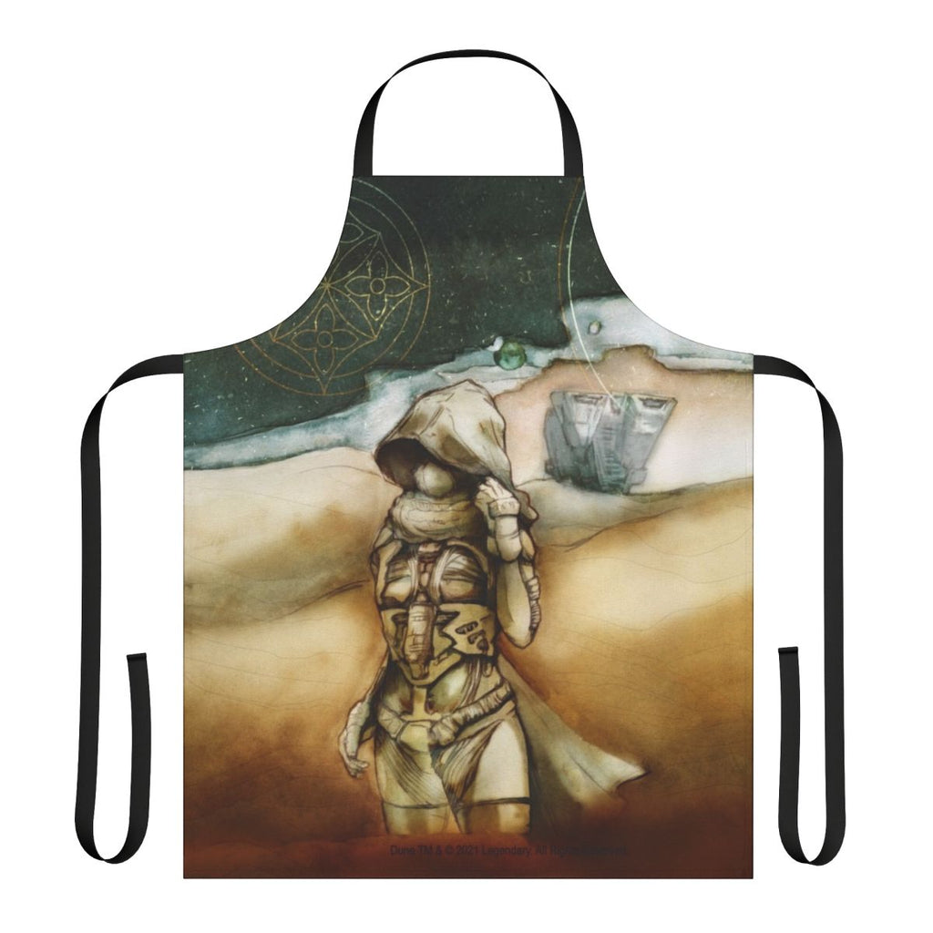 Stylized illustration of Chani, the Fremen warrior woman, against the backdrop of the Arrakis desert on a high-quality apron.