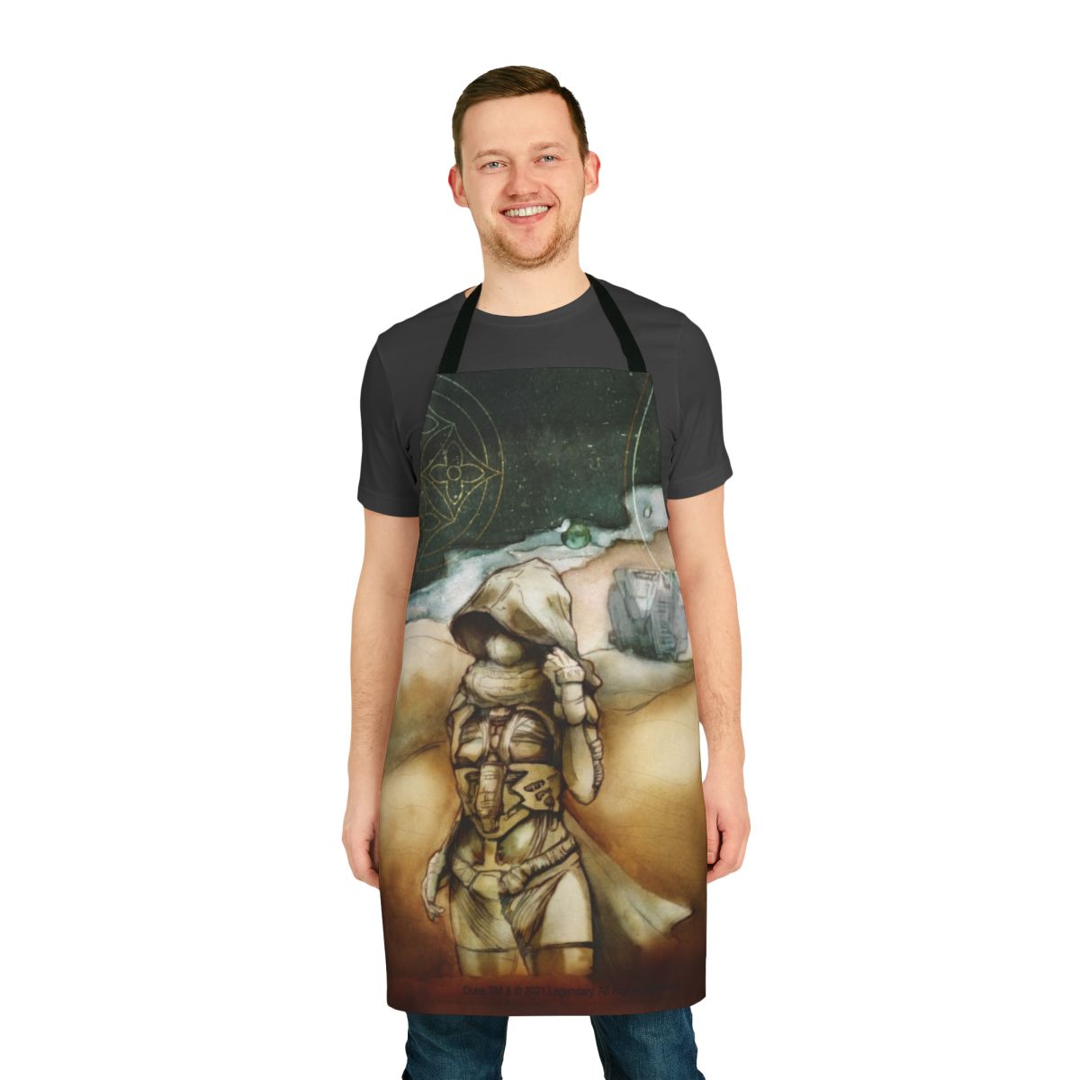 Stylized illustration of Chani, the Fremen warrior woman, against the backdrop of the Arrakis desert on a high-quality apron.