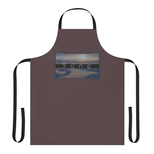 Dune-inspired apron with a brown background and desert-themed design