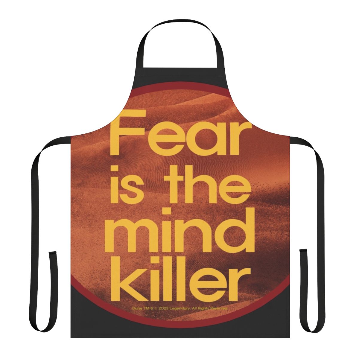 Dune-inspired "Fear Is the Mind Killer" apron with desert landscape and quote