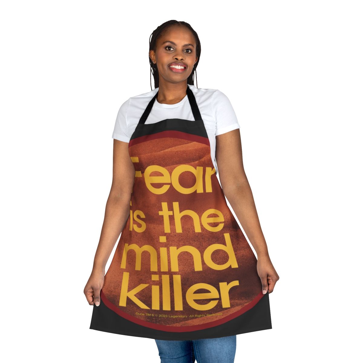 Dune-inspired "Fear Is the Mind Killer" apron with desert landscape and quote