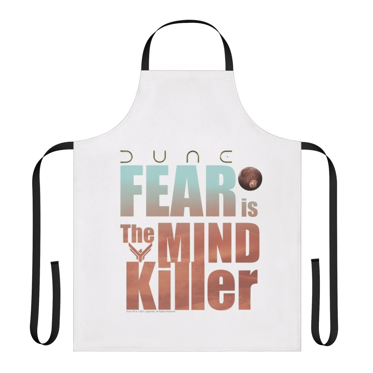 Dune-inspired Fear Is the Mind Killer apron with desert planet, House Atreides, and typography art