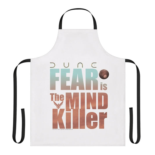 Dune-inspired Fear Is the Mind Killer apron with desert planet, House Atreides, and typography art