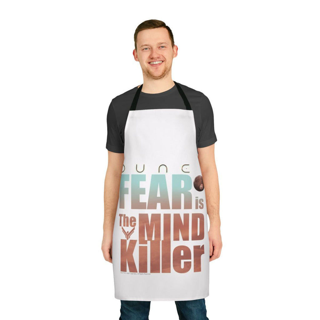 Dune-inspired Fear Is the Mind Killer apron with desert planet, House Atreides, and typography art