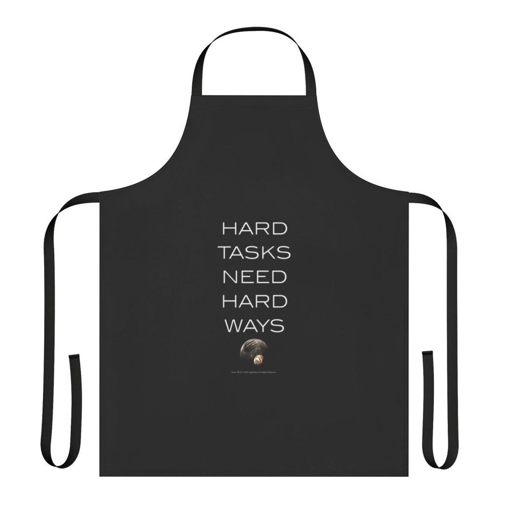A durable, high-quality apron featuring the text "Hard Tasks Need Hard Ways" in a sci-fi style, inspired by the Dune universe.