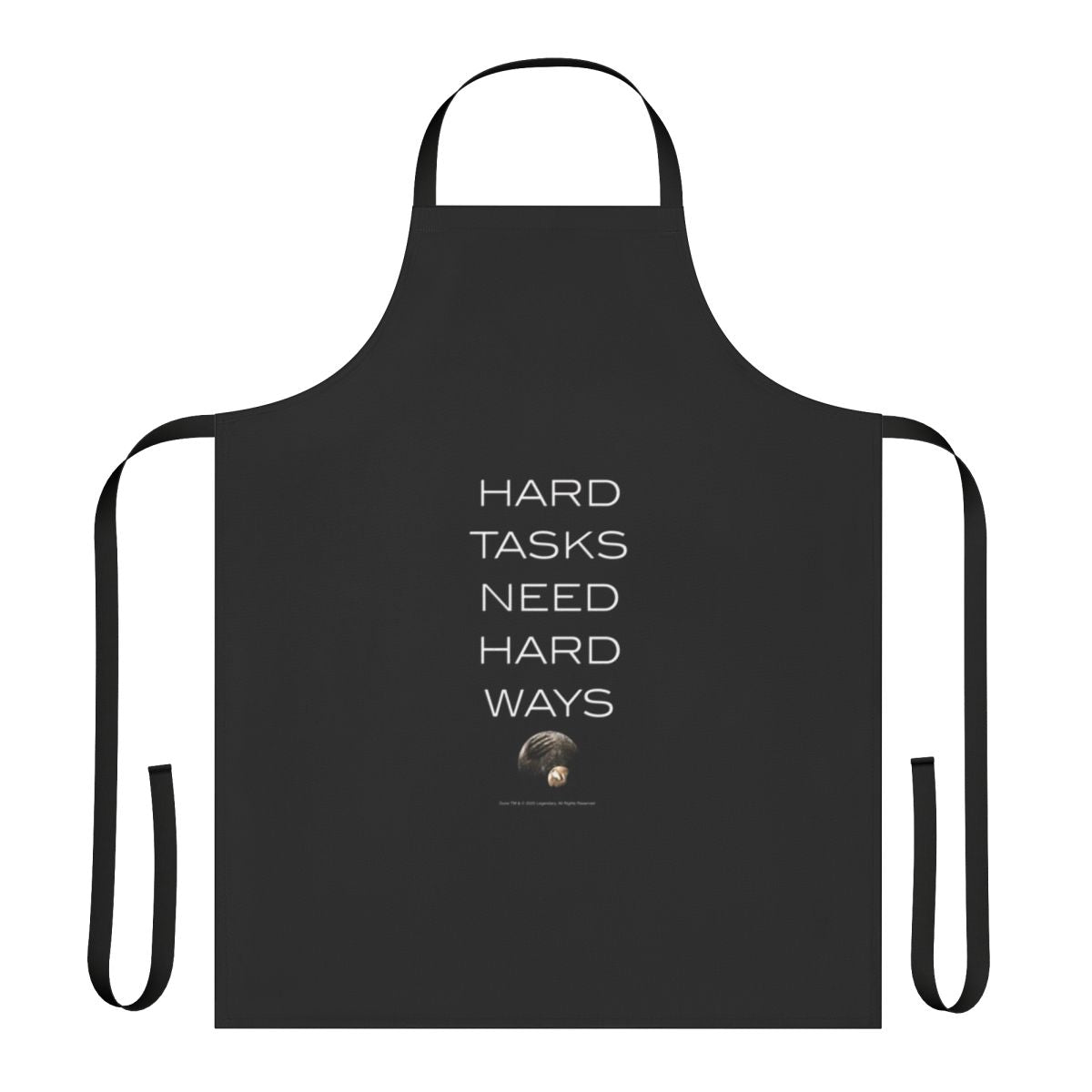 A durable, high-quality apron featuring the text "Hard Tasks Need Hard Ways" in a sci-fi style, inspired by the Dune universe.