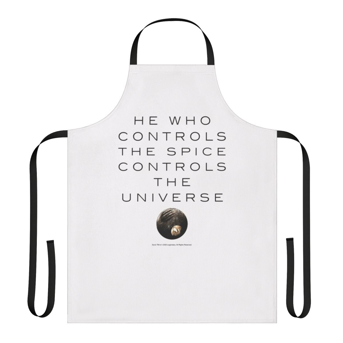 Dune-themed apron featuring the iconic "He Who Controls The Universe" design