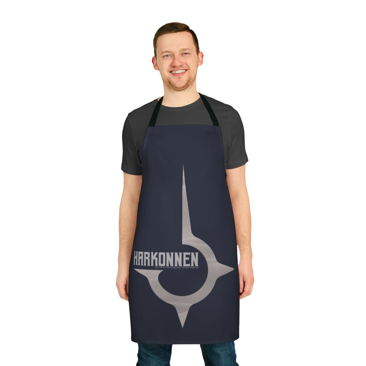 A gray apron featuring the House Harkonnen emblem, inspired by the Dune universe.