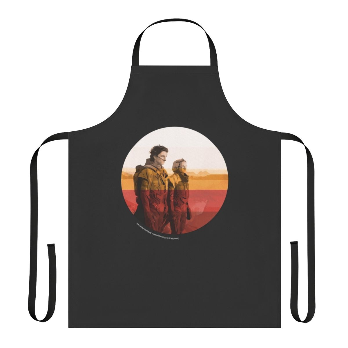 Dune-inspired apron featuring inkpress artwork with science fiction and desert planet motifs.