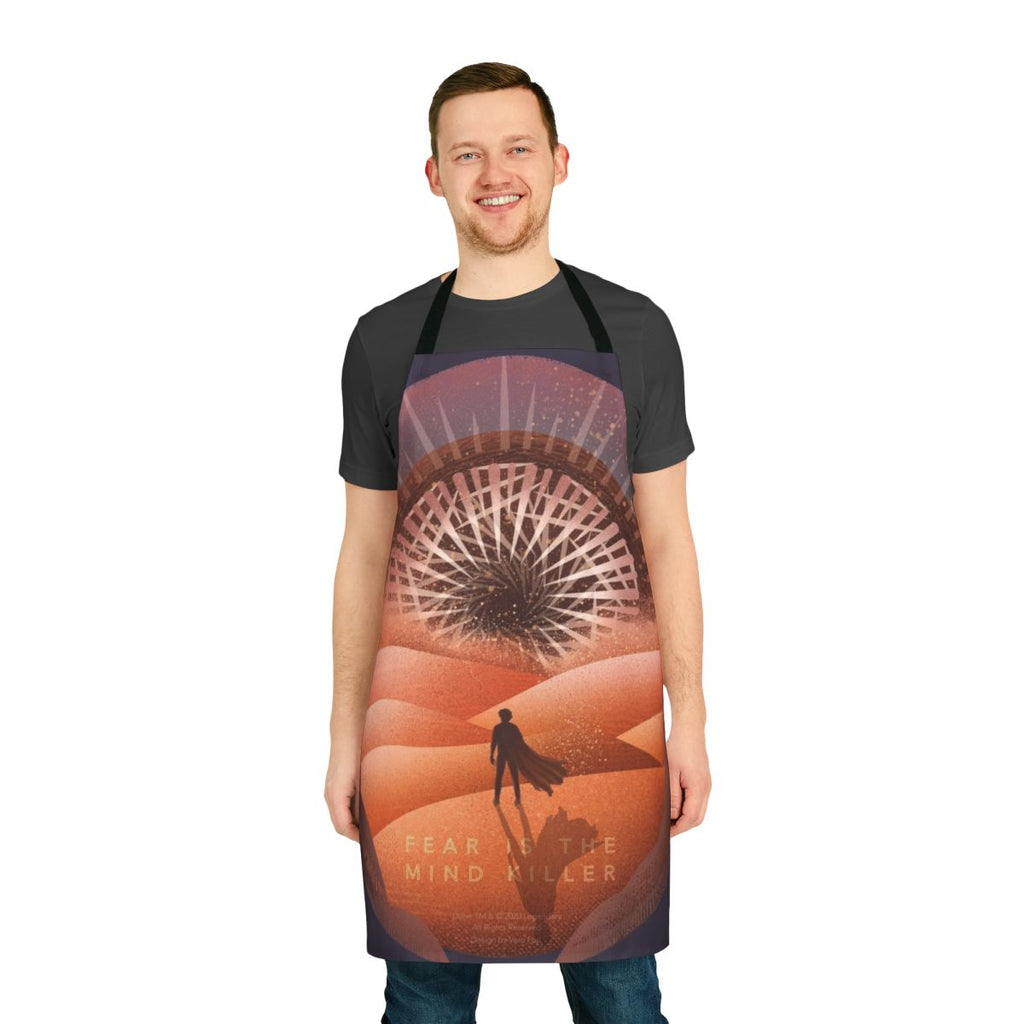 "Dune-inspired kitchen apron featuring the quote 'Fear is the Mind Killer'"