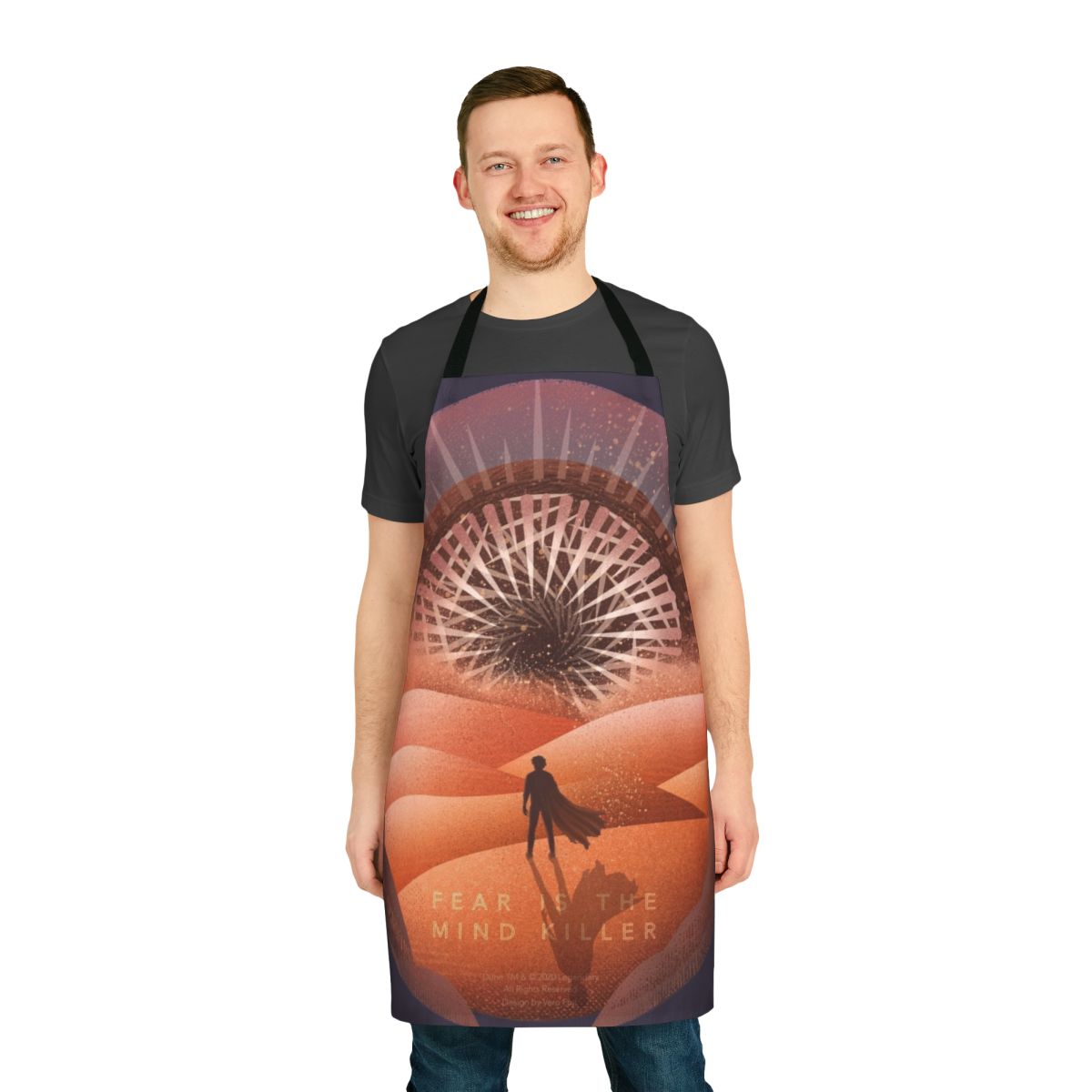 "Dune-inspired kitchen apron featuring the quote 'Fear is the Mind Killer'"