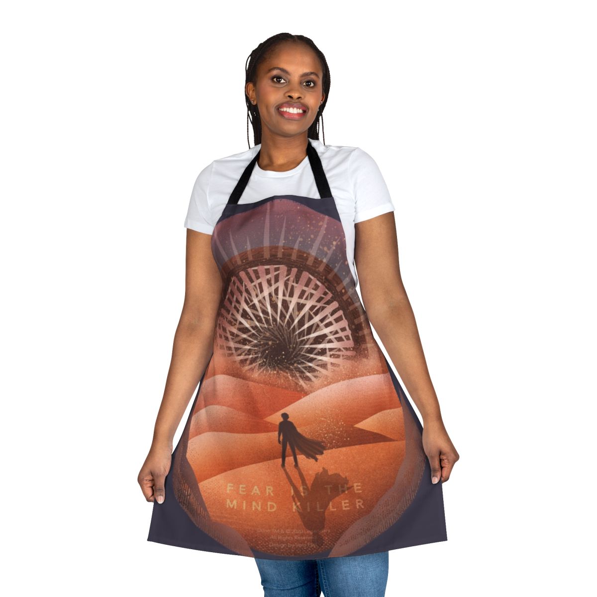 "Dune-inspired kitchen apron featuring the quote 'Fear is the Mind Killer'"