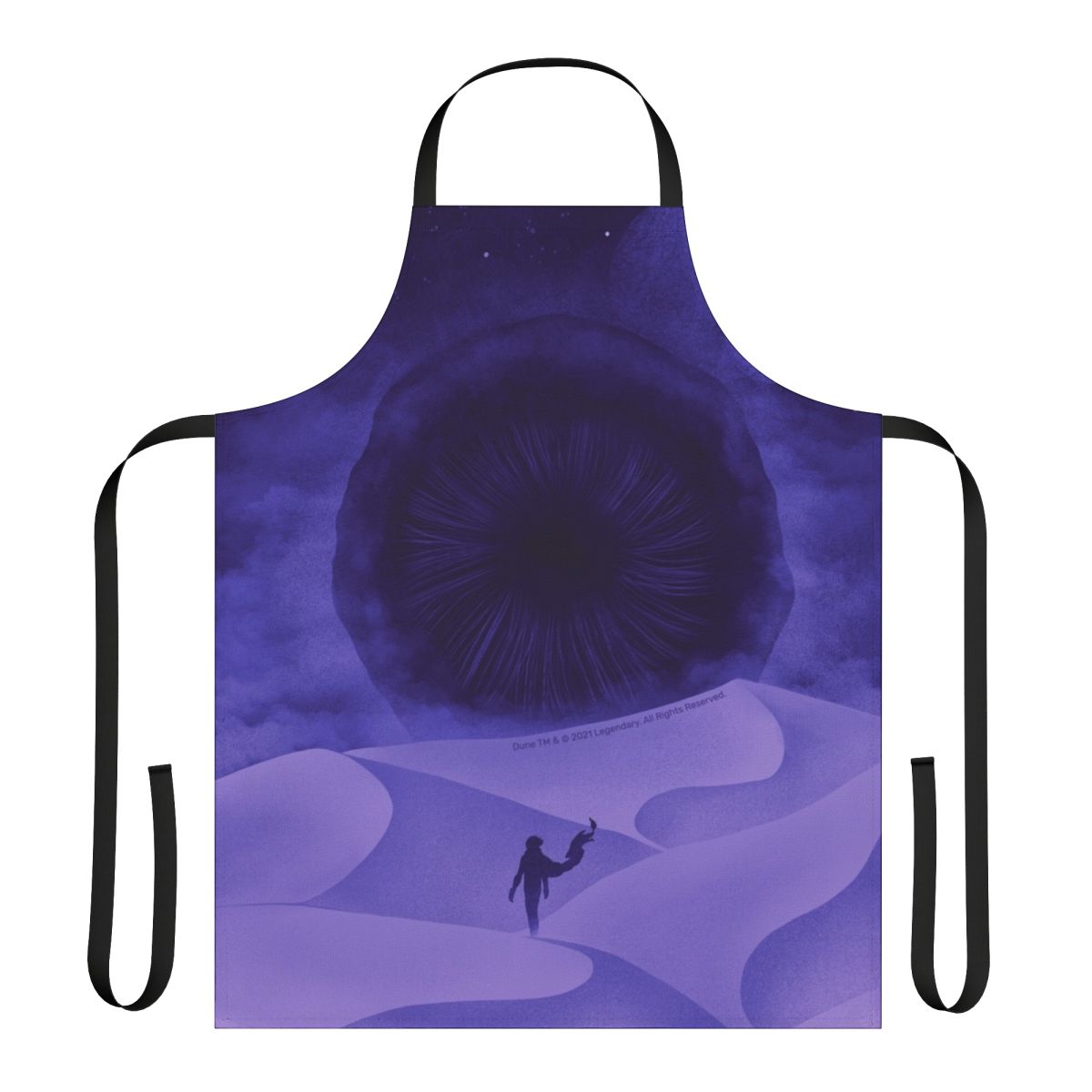 Dune-inspired apron featuring purple moons and sci-fi symbols