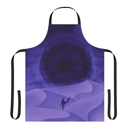 Dune-inspired apron featuring purple moons and sci-fi symbols