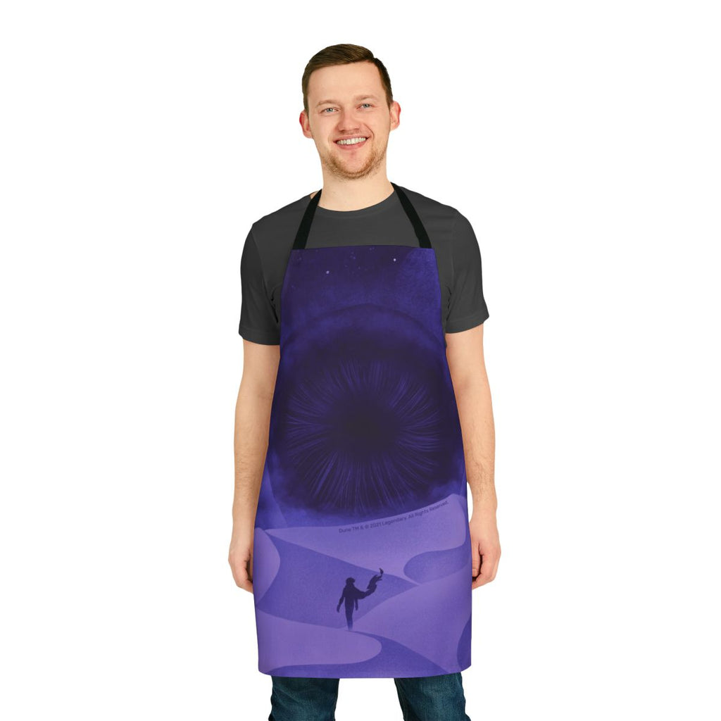 Dune-inspired apron featuring purple moons and sci-fi symbols