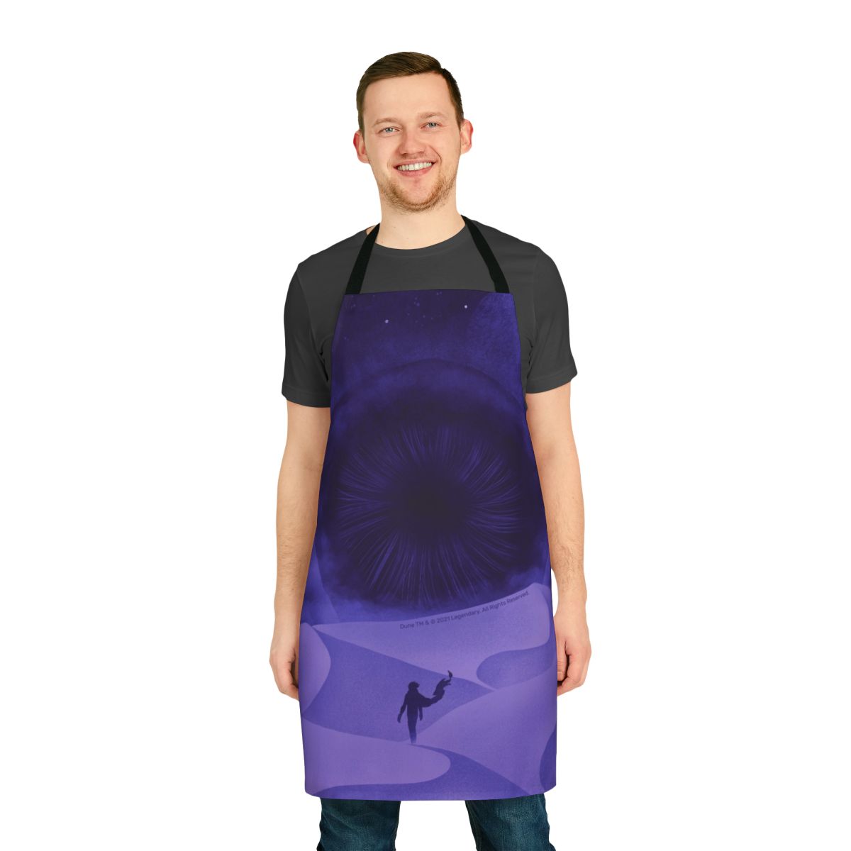 Dune-inspired apron featuring purple moons and sci-fi symbols
