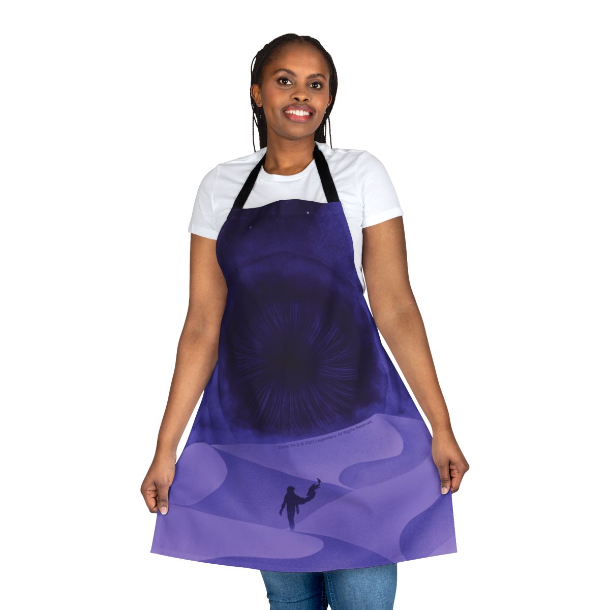 Dune-inspired apron featuring purple moons and sci-fi symbols