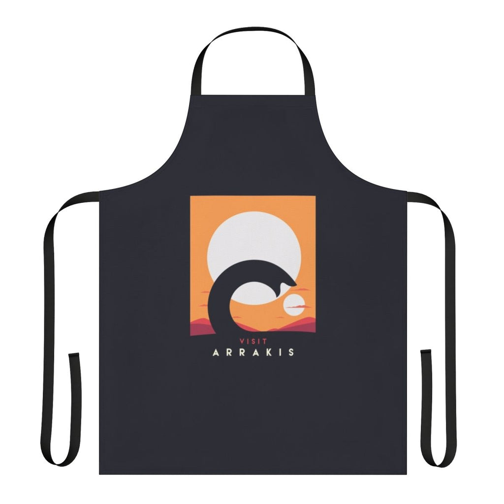 Dune-inspired sandworm apron with a desert landscape and the planet Arrakis in the background.