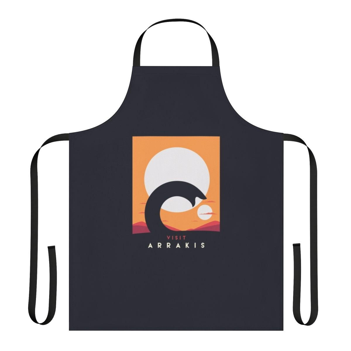 Dune-inspired sandworm apron with a desert landscape and the planet Arrakis in the background.