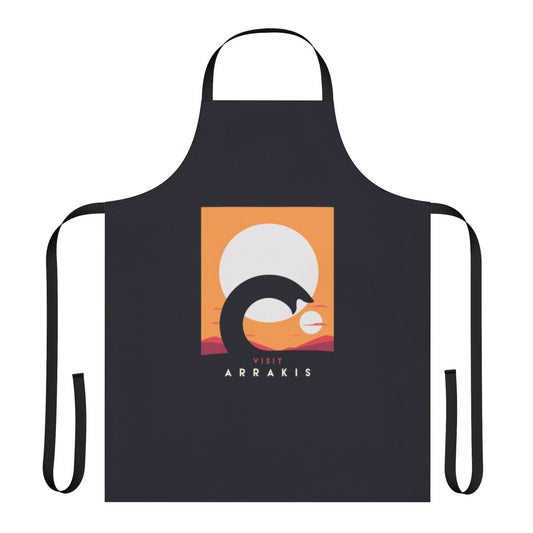 Dune-inspired sandworm apron with a desert landscape and the planet Arrakis in the background.