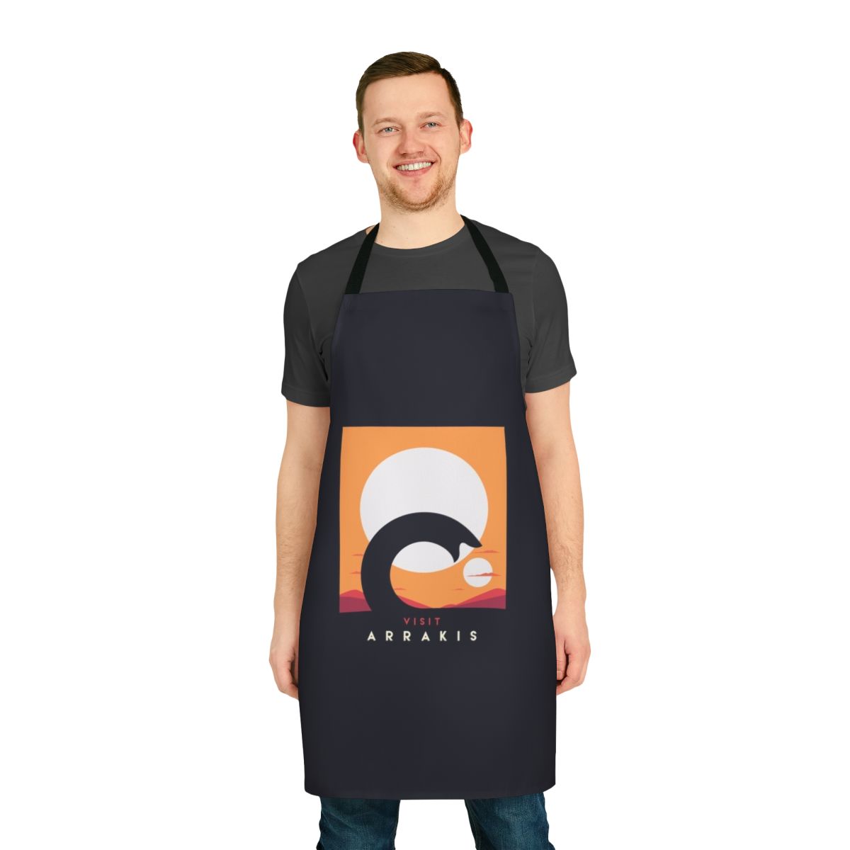 Dune-inspired sandworm apron with a desert landscape and the planet Arrakis in the background.