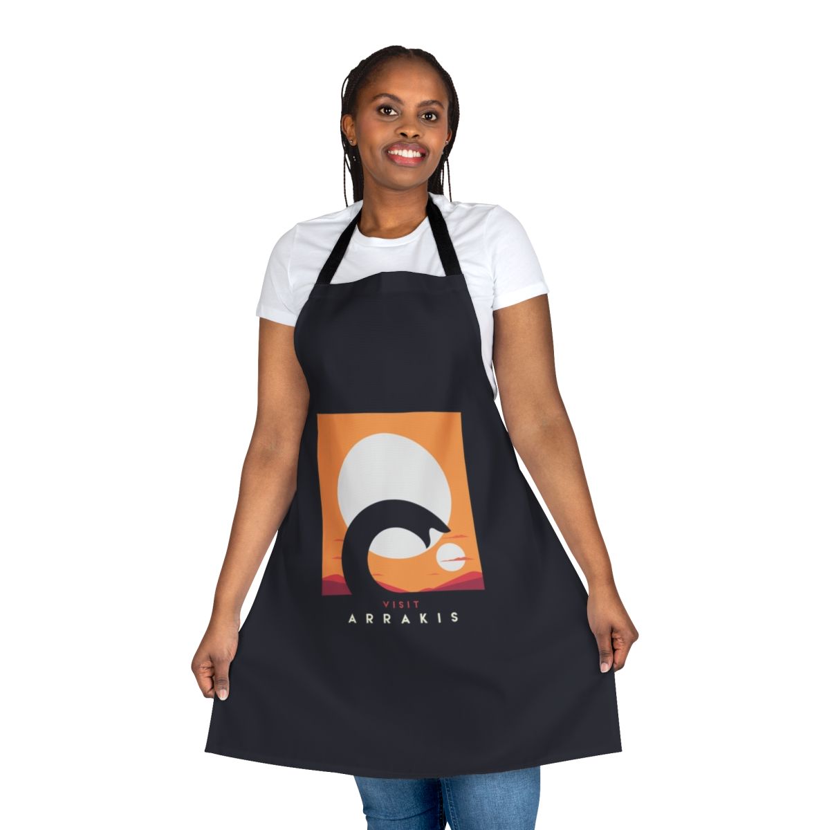 Dune-inspired sandworm apron with a desert landscape and the planet Arrakis in the background.