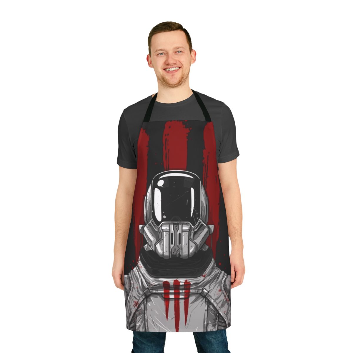 Apron featuring an original Dune-inspired design of a Sardaukar imperial soldier in black
