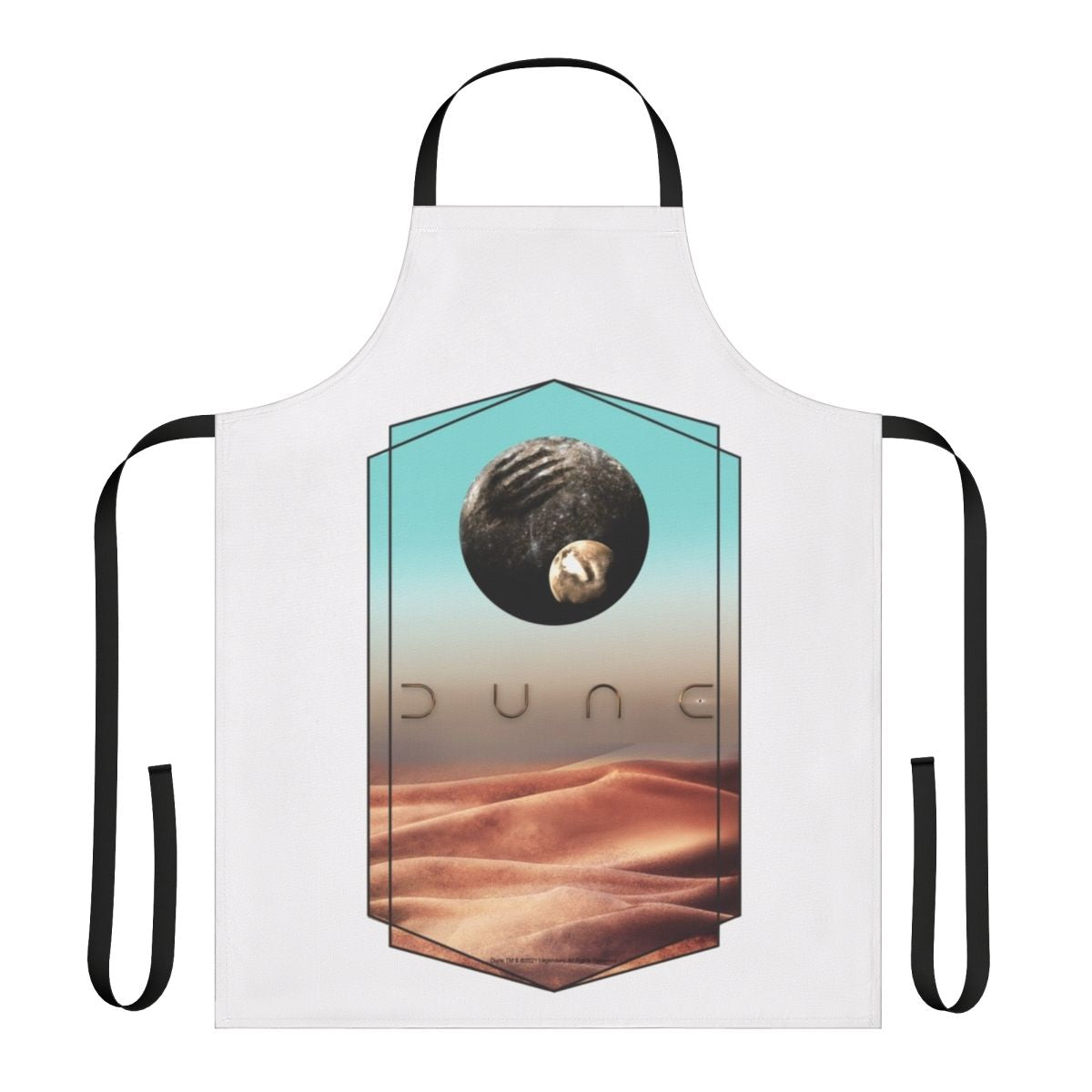 Dune-inspired apron featuring a stylized design of the planet Arrakis and the House Atreides crest