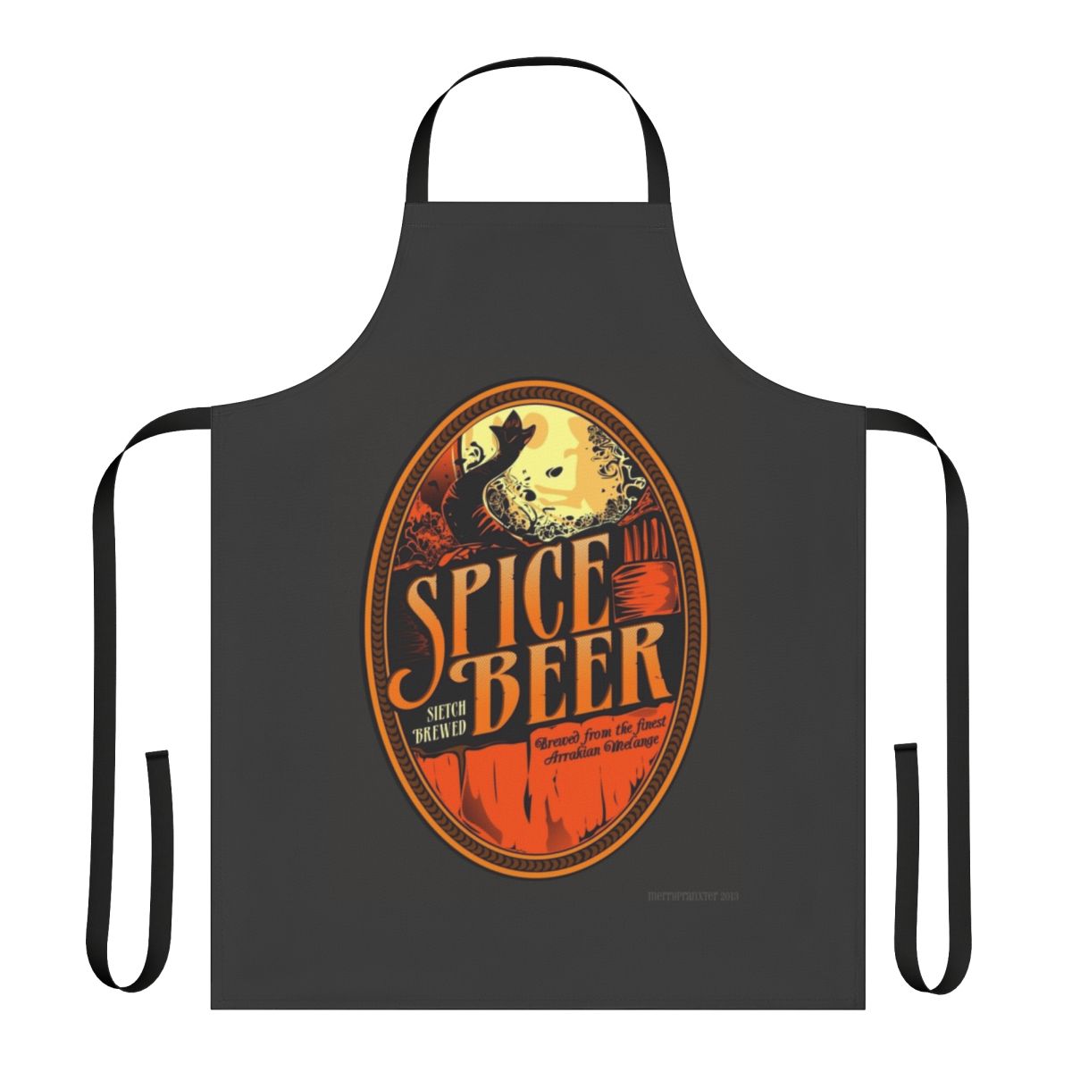 Dune-themed apron featuring a pop art-style spice melange beer label design
