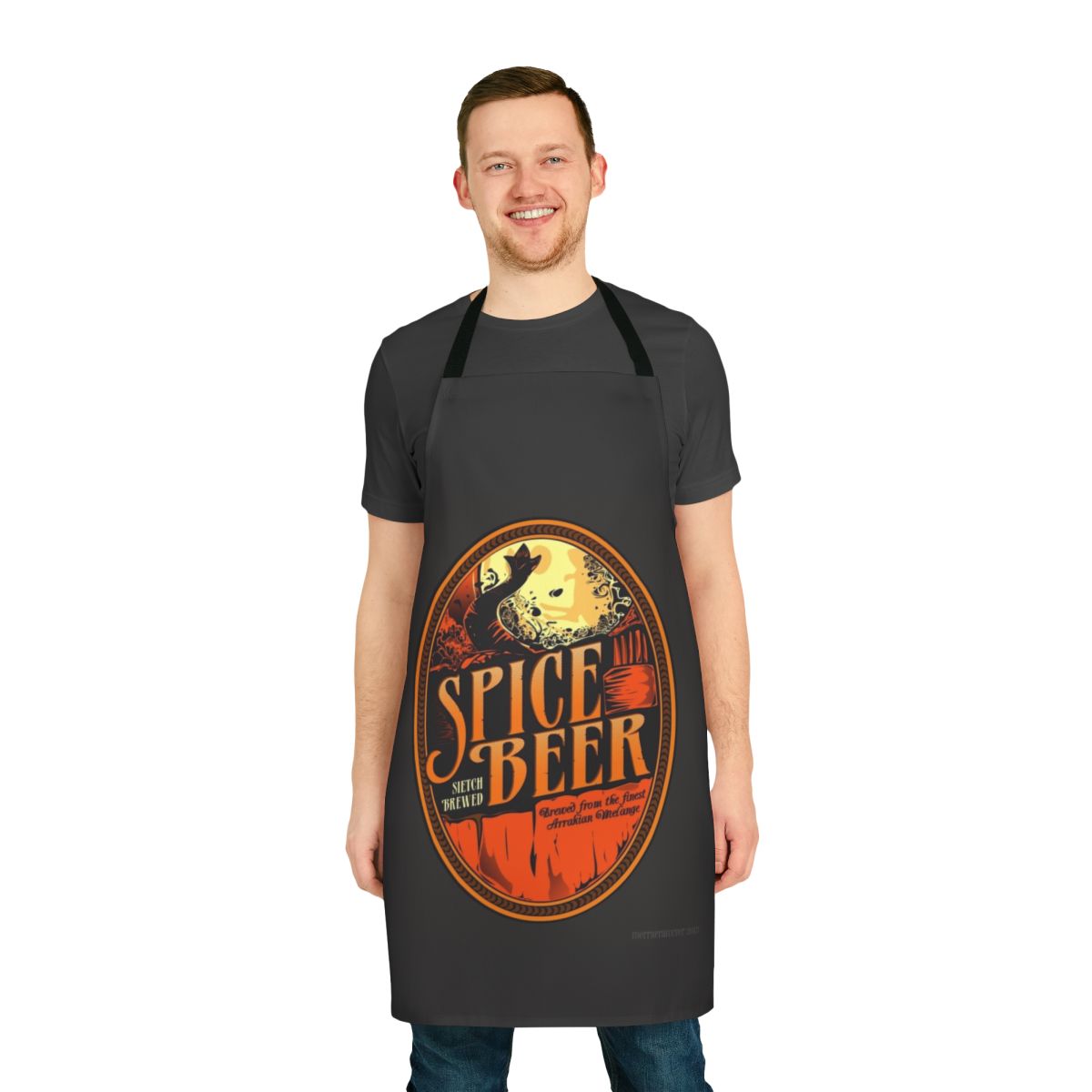 Dune-themed apron featuring a pop art-style spice melange beer label design
