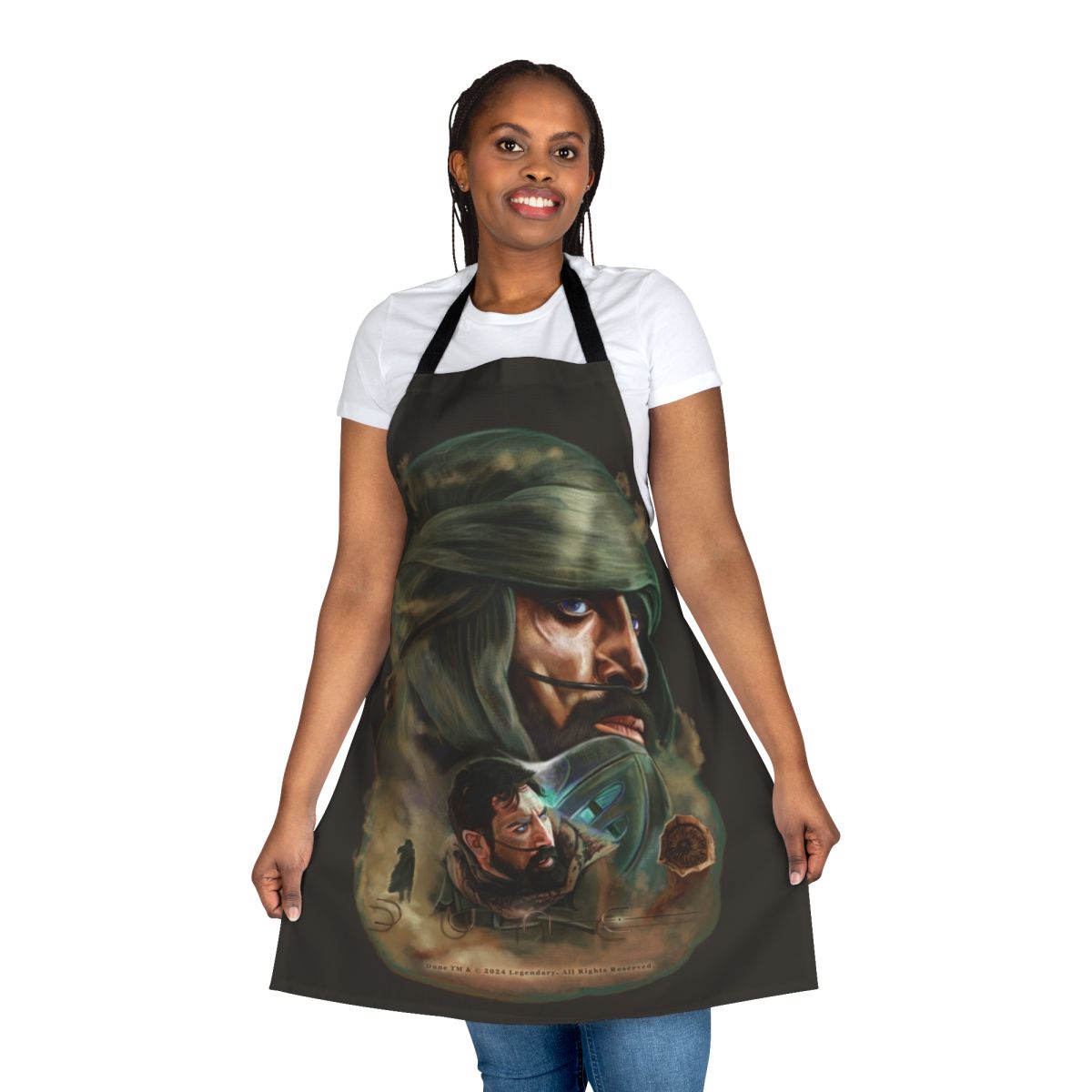 Dune-inspired apron featuring a painting of Stilgar, a prominent character from the Dune universe