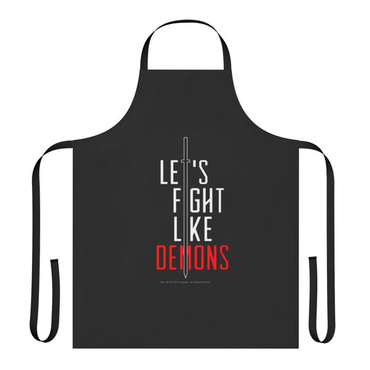 Dune-inspired white apron with "Let's Fight Like Demons" text