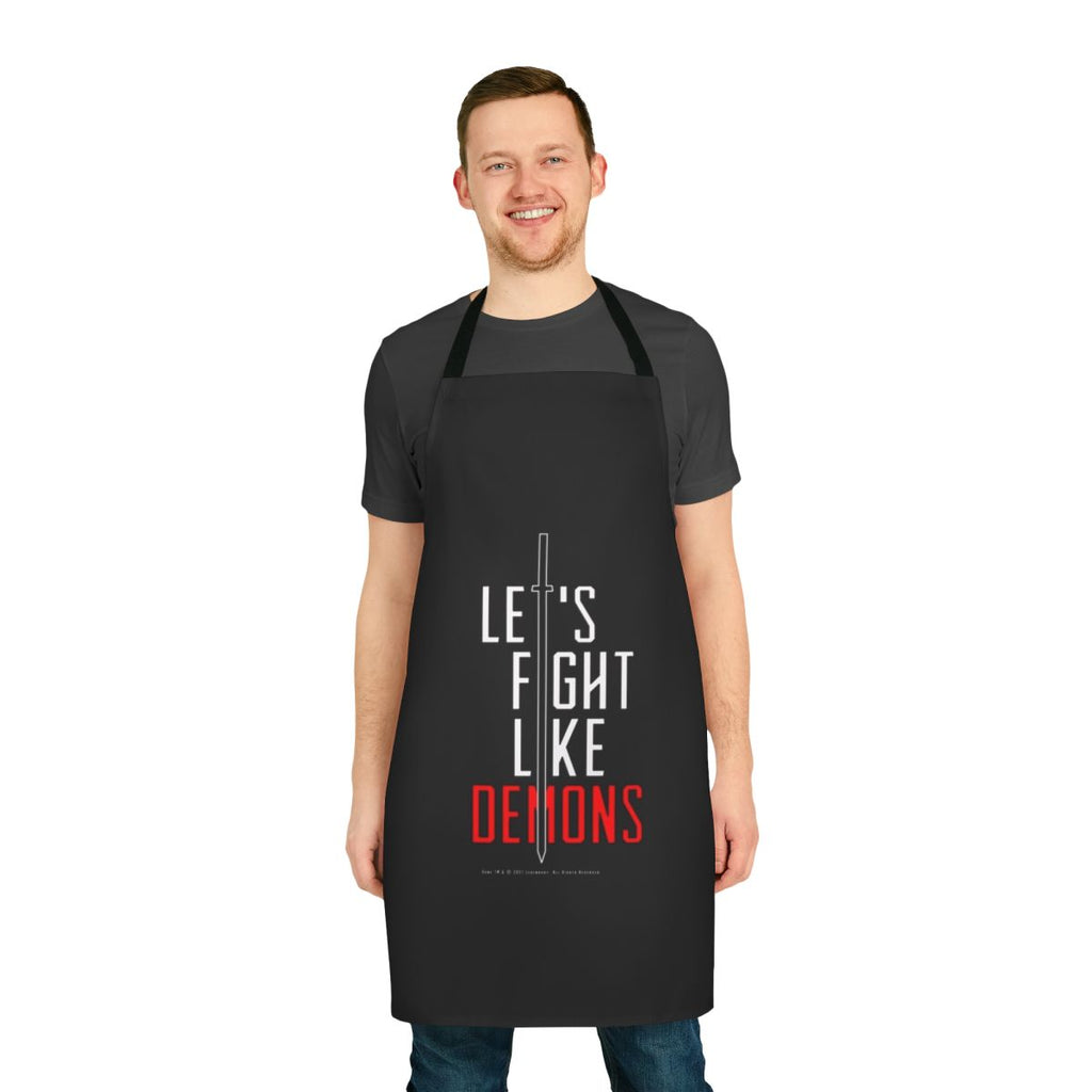 Dune-inspired white apron with "Let's Fight Like Demons" text