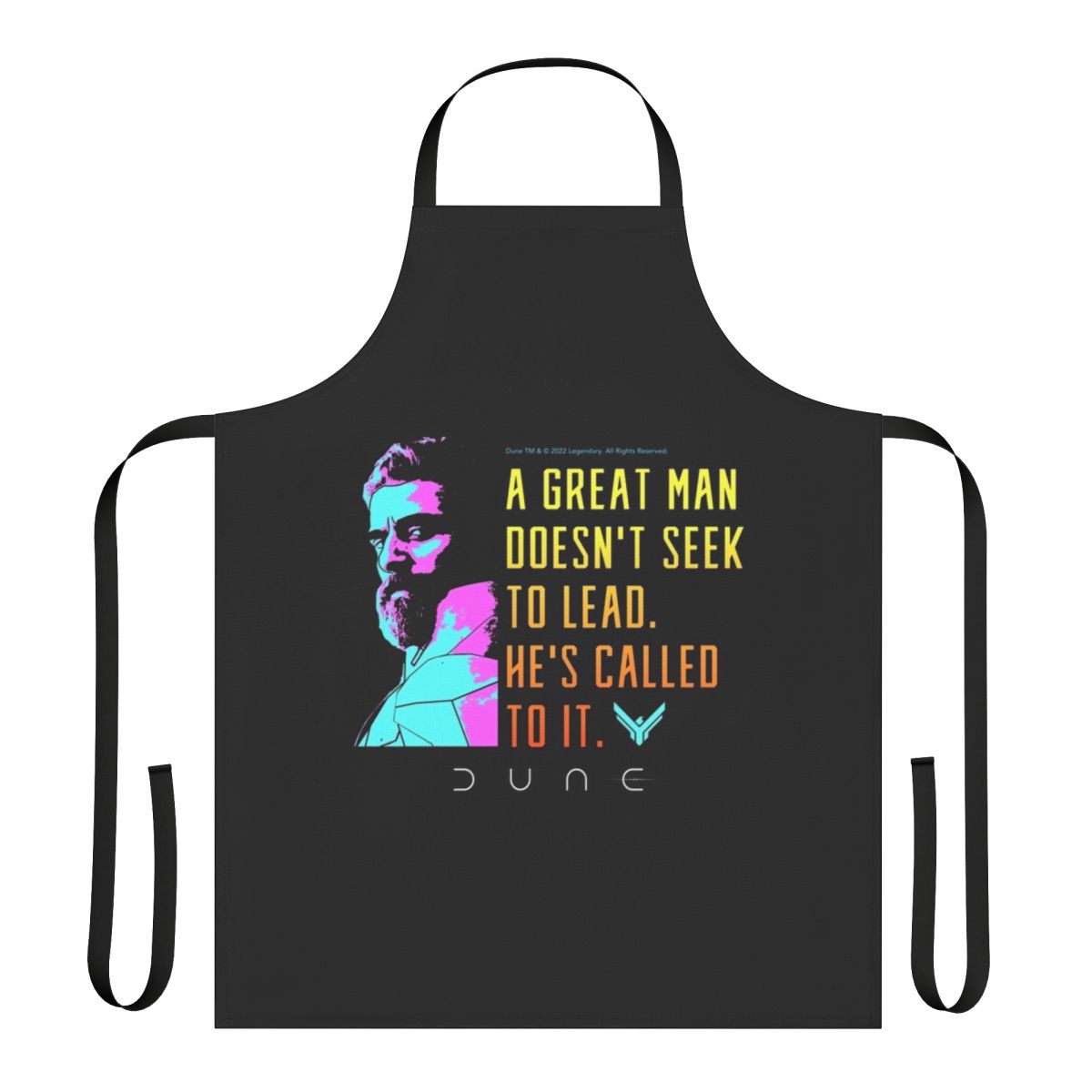 Dune movie-inspired cooking apron featuring a quote from the character Leto Atreides I.