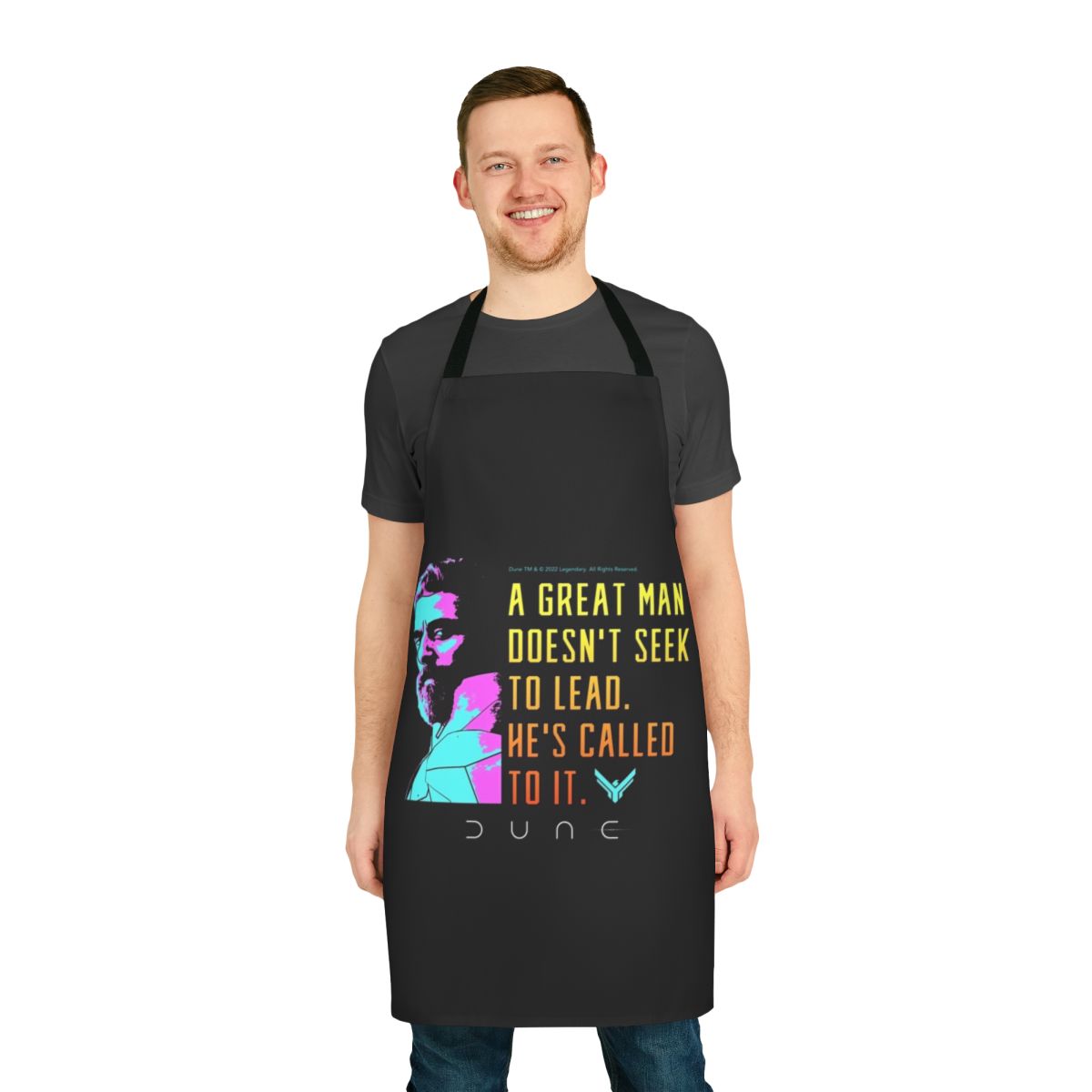 Dune movie-inspired cooking apron featuring a quote from the character Leto Atreides I.