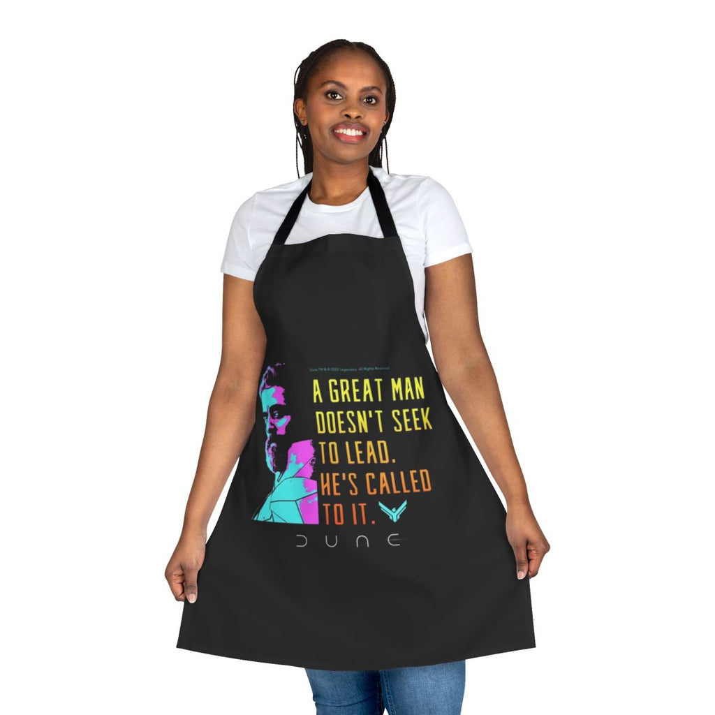 Dune movie-inspired cooking apron featuring a quote from the character Leto Atreides I.