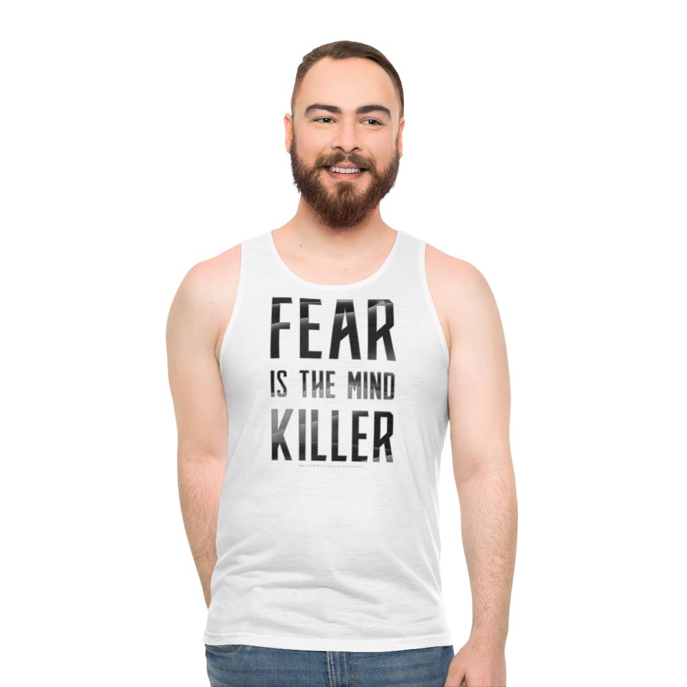 Dune movie inspired unisex tank top with "Fear Is The Mind Killer" design