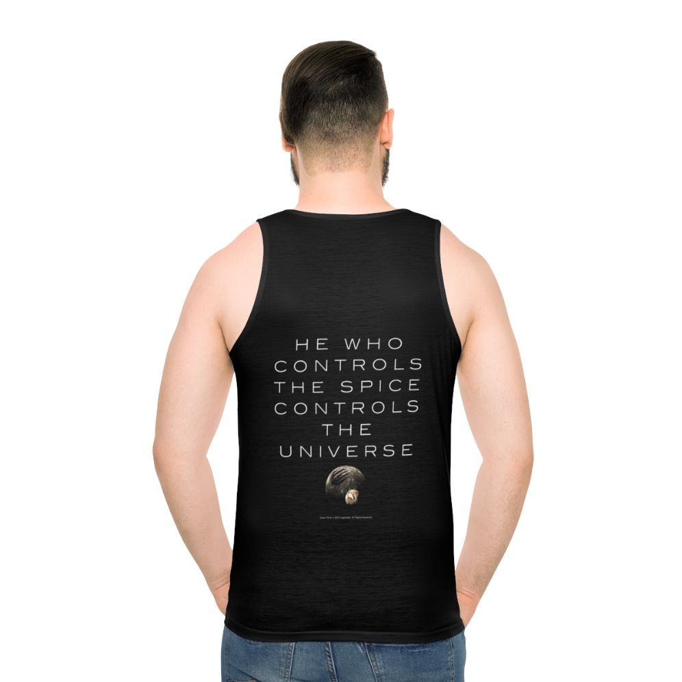 Dune movie unisex tank top with quote "He Who Controls The Universe"