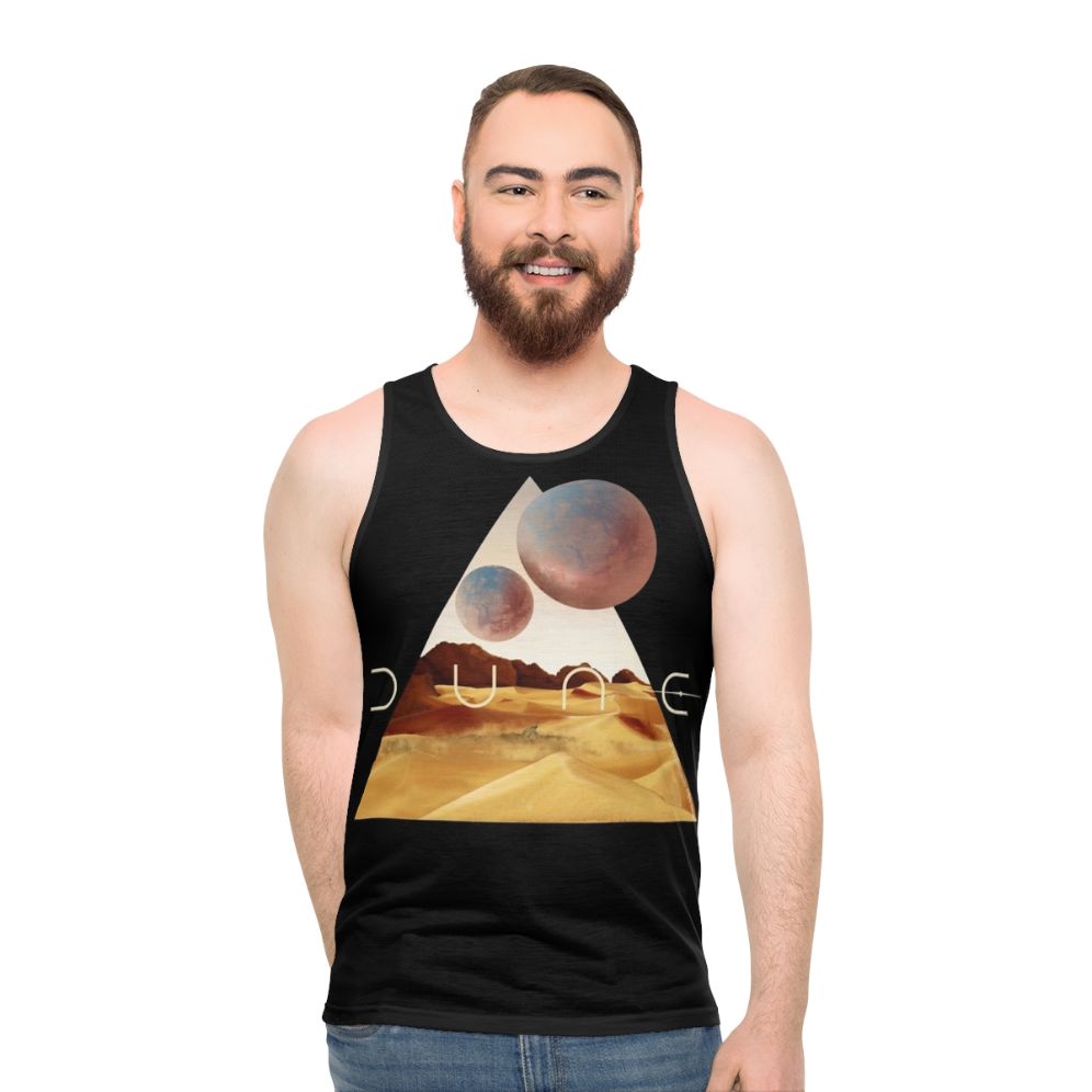Dune movie inspired unisex tank top with desert and sandworm design