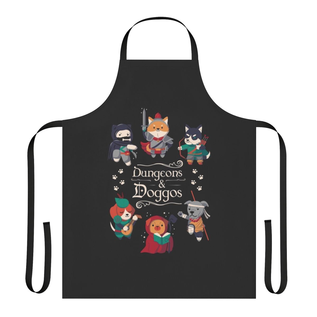 Apron with a design featuring a dog adventuring in a dungeon, perfect for D&D fans and pet lovers.