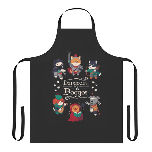 Apron with a design featuring a dog adventuring in a dungeon, perfect for D&D fans and pet lovers.