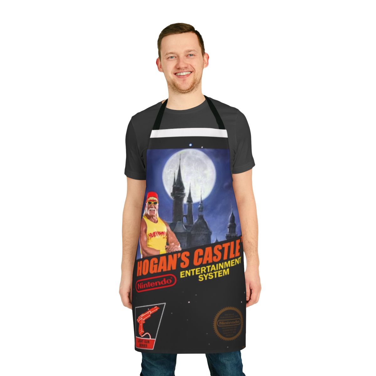 Dunkey gaming-themed apron with Hogan's Castle graphic