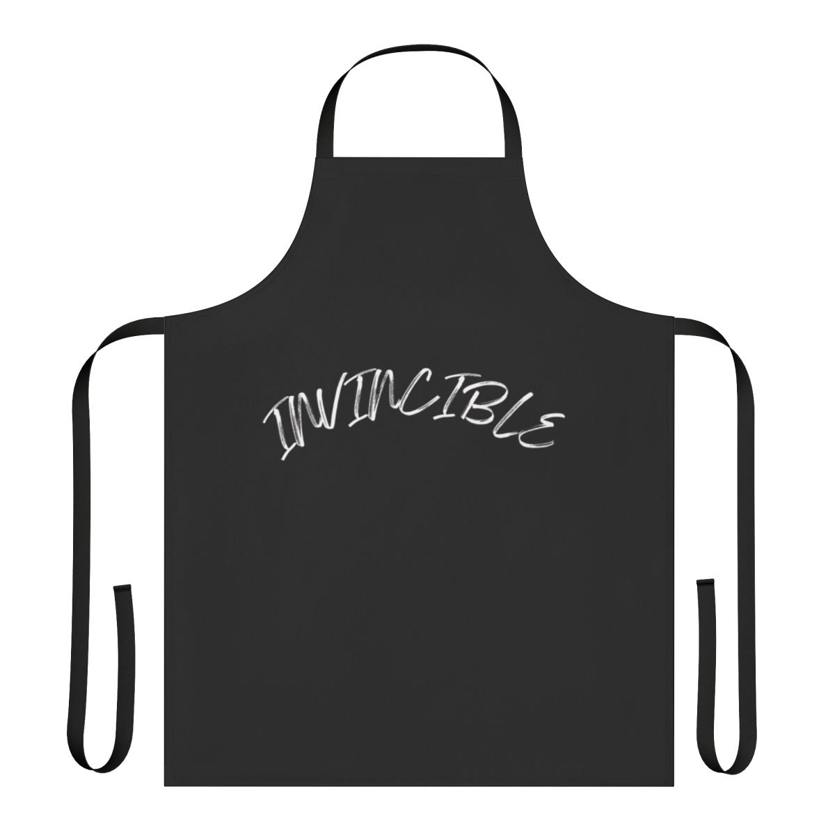 A person wearing a superhero-themed apron with the text "Invincible Apron" printed on it.