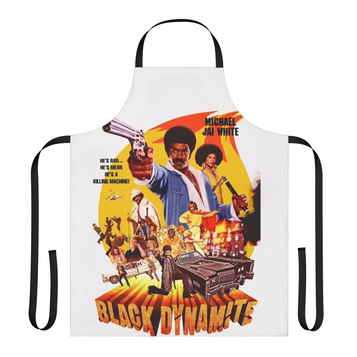 Black apron with a bold Dynamite design, perfect for cooking, grilling, and protecting clothes from stains and spatter.