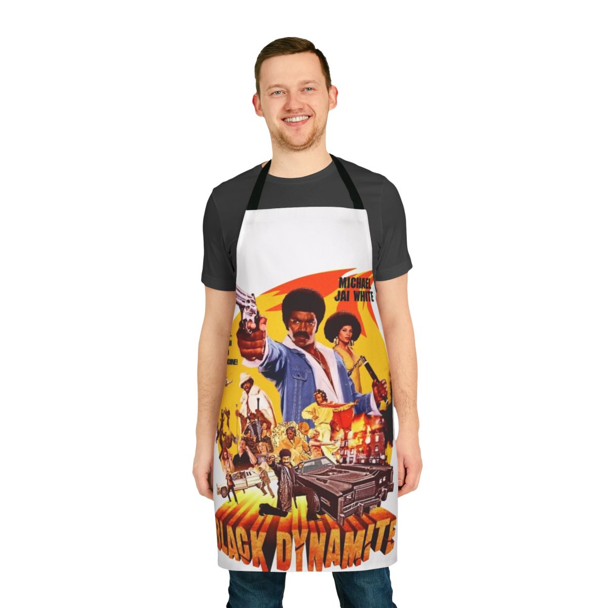 Black apron with a bold Dynamite design, perfect for cooking, grilling, and protecting clothes from stains and spatter.