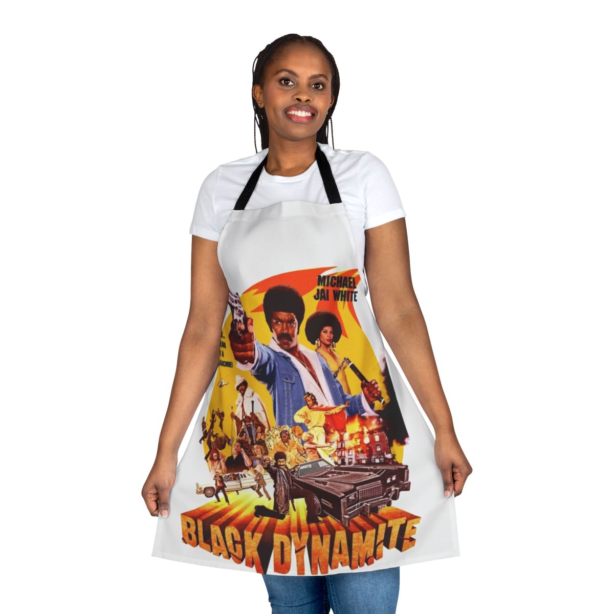 Black apron with a bold Dynamite design, perfect for cooking, grilling, and protecting clothes from stains and spatter.