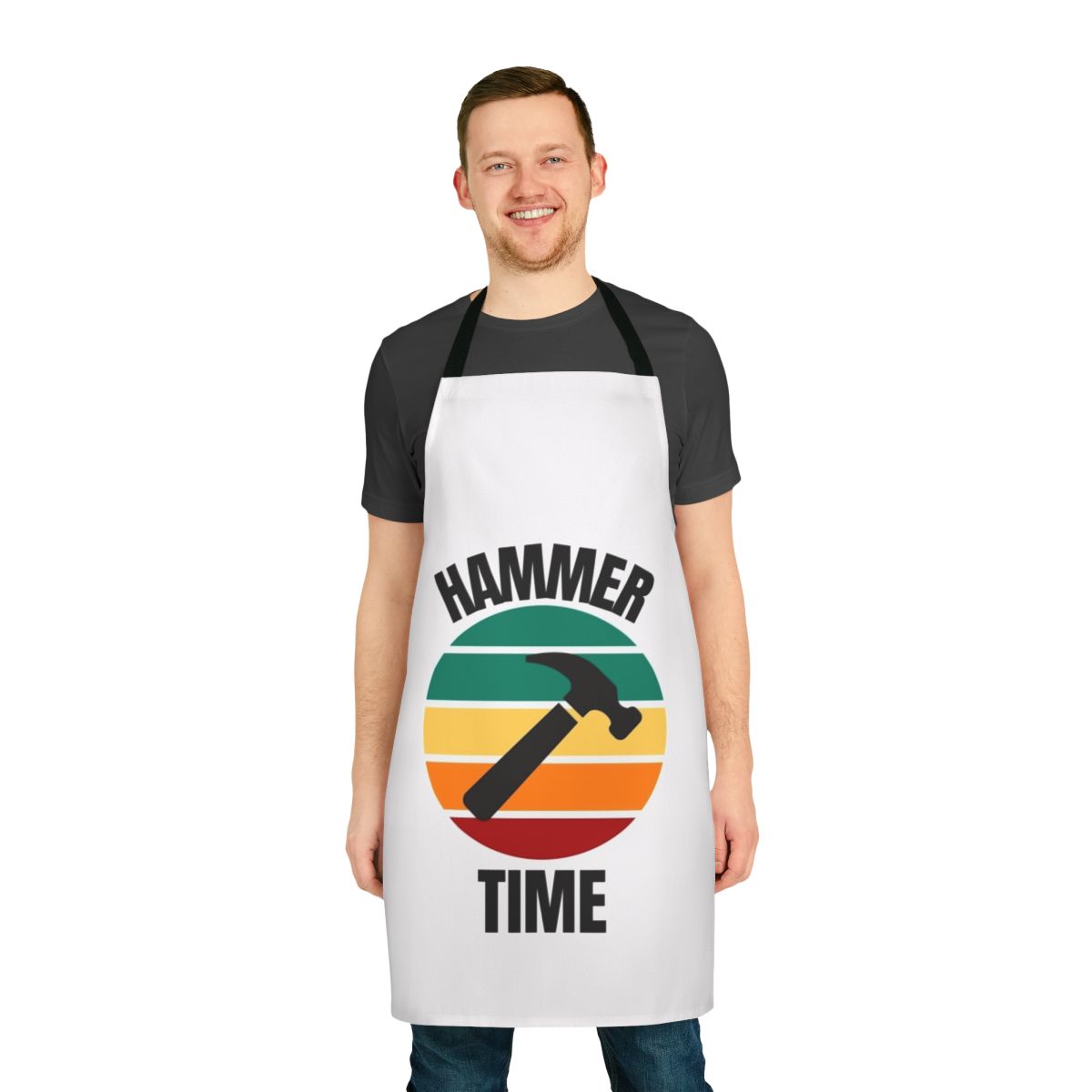 A carpenter's work apron featuring a hammer, screwdriver, and other tools.